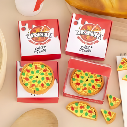 🍕 Pizza Box & Slices Eraser Set - Realistic Food Fun! (Pack of 3)