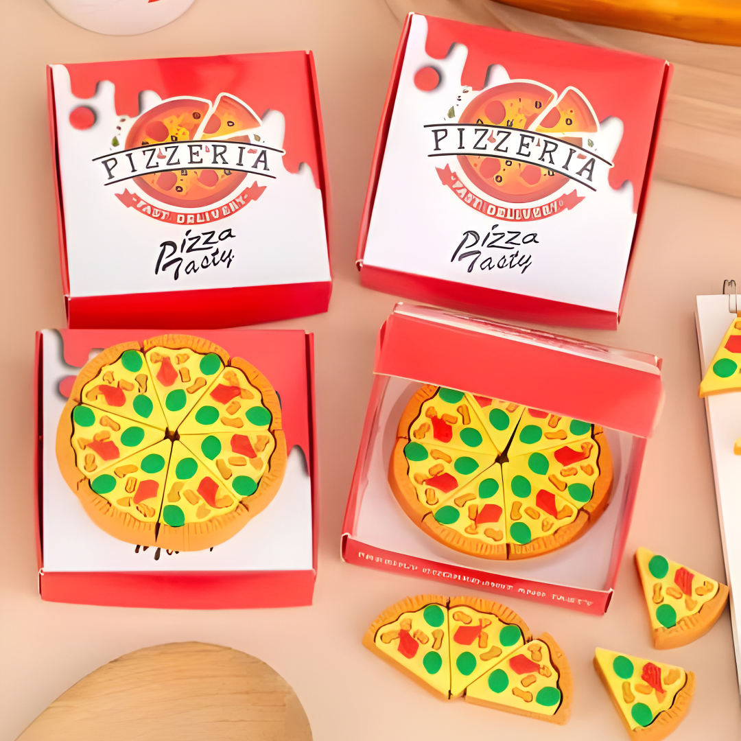 🍕 Pizza Box & Slices Eraser Set - Realistic Food Fun! (Pack of 3)