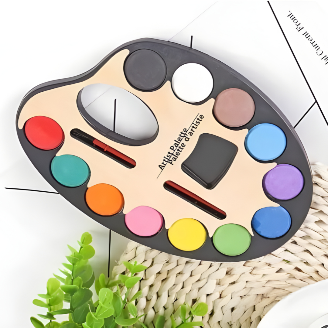 Professional 12-Color Watercolor Paint Palette with Brush.
